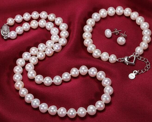 Classic 9-10mm natural south seas white pearl necklace 18 inch 925 silver clasp free bracelet earrings