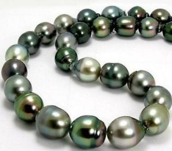 Noble Natural 12-13mm Tahitian Black Green Pearl Necklace 18inch 14k Gold Clasp