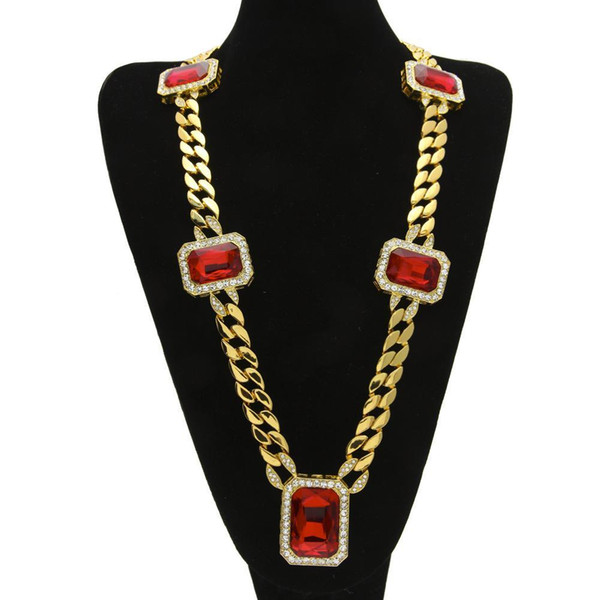 Fashion Men Hip Hop Rock Necklaces Gold Silve Plated 5pcs Square Red Crystal Necklaces 30