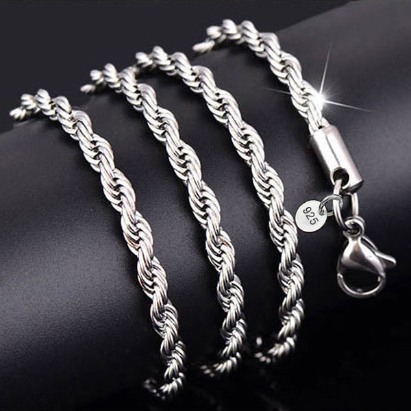 Hot sale Retail Wholesale silver Necklace Women Man necklace 2mm16,18,20,22,24 inch Twist Rope Chain jewelry accesory 925 stamp 15pcs/