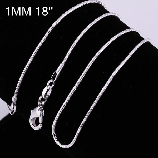 925 Stamped Silver Plated Snake Necklace 1mm 16/18/20/22/24 inch silver snake chain Collar de Prata Free Shipping 10pcs