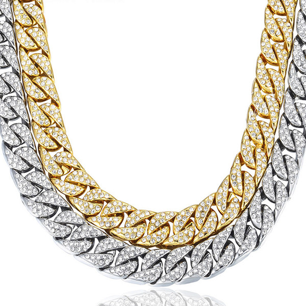 Luxury Gold Plated Men Necklace Cuban Link Chain Hip Hop Wide Jewelry Necklaces with Clear Rhinestones Silver Mens Boy Gift