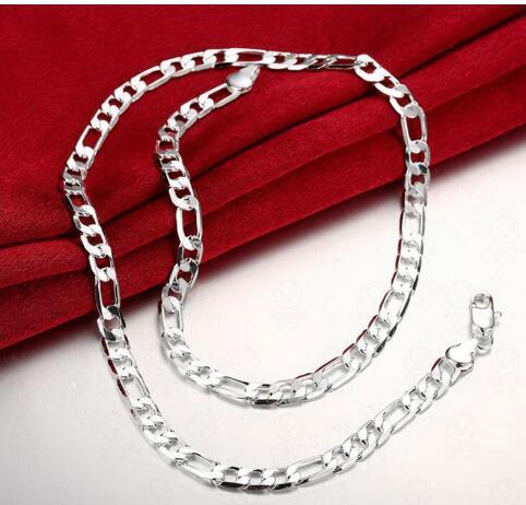 Men and women fashion Long Necklace Silver Plated 925 6mm Round three wholesale a Figaro Necklace