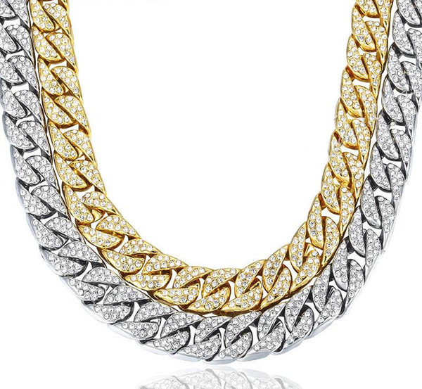 Fashion Design Men Thick Necklaces 14mm Miami Curb Cuban Chain Necklace Gold Silver Hip Hop Necklace with Rhinestones