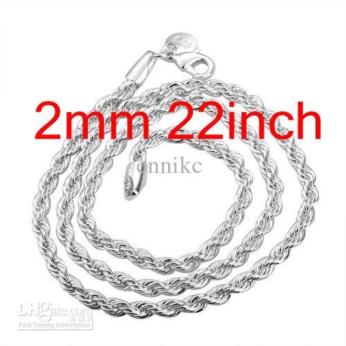 Wholesale 20pcs 925 Silver Chains Necklaces Rope Style , Fashion 925 Jewelry 2mm 22inch Rope Necklace Free Shipping