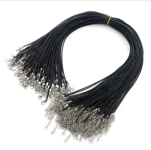 1.5mm Black Leather Cord Wax Rope Chain Necklace 45cm+5cm Extender Chain Lobster Clasp DIY Jewelry Accessories Wholesale