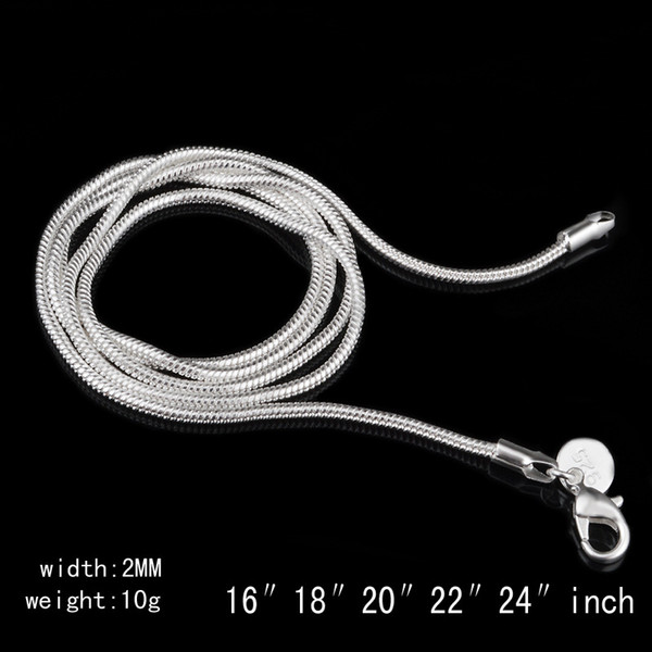 925 Sterling Silver Snake Chain Necklace for Woman Lobster Clasps Smooth Chain Fashion Jewelry Size 2MM 16 18 20 22 24 inch Wholesale