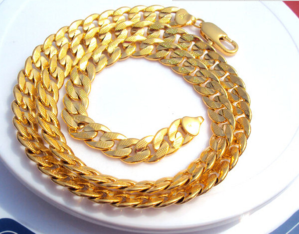 FINE YELLOW GOLD JEWELRY 24K Solid Gold two-sided sequence sand Cuban Link Chain Necklace 23.6inch