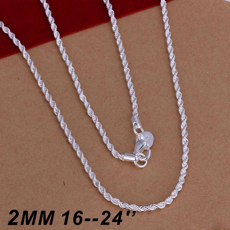 Top Quality 925 sterling silver 2MM Twist ROPE CHAIN Necklace 16inch/18inch/20inch/22inch/24inch 50pcs Free Shipping