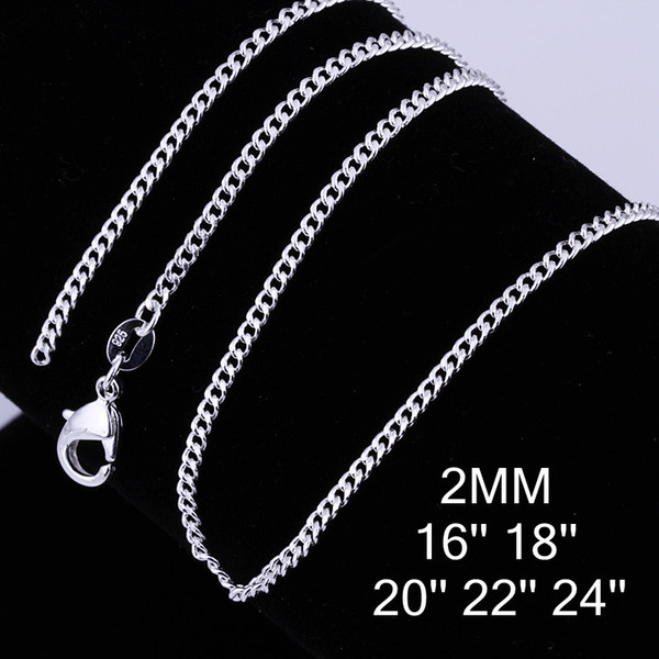 Fashion 925 Sterling Silver Chains Necklace 2mm Flat Curb Chain Necklace 16-24inch