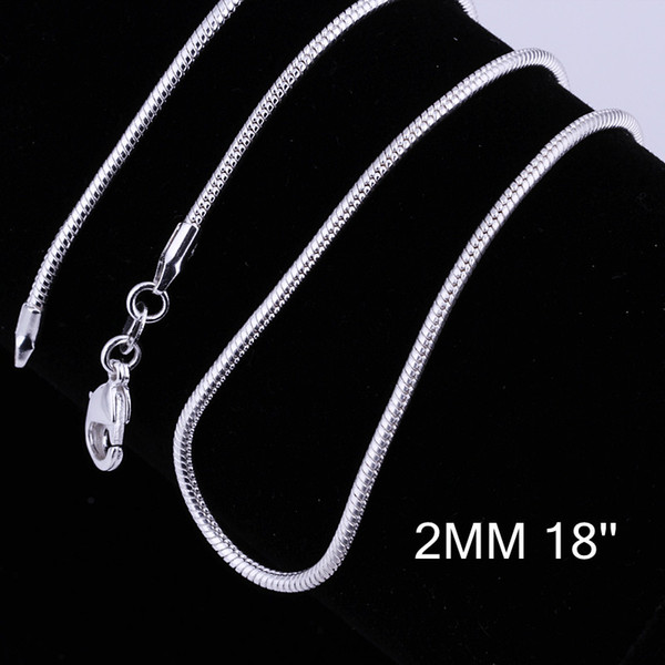 Fashion Jewelry 925 Sterling Silver Chains Necklace 2mm Smooth Snake Chain Necklace 16inch/18inch/20inch/22inch/24inch 20pcs Free Shipping