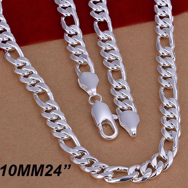 New Style 925 Silver necklace 10MM Bold Men's Figaro Chain Necklace 24inch Free Shipping