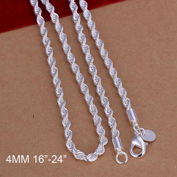 Hot Selling 925 sterling silver 4MM Twist ROPE CHAIN Necklace 16inch/18inch/20inch/22inch/24inch 10pcs Free Shipping