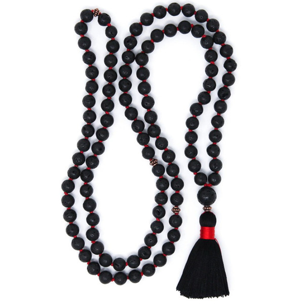 Hand Knotted 108 Mala Beads Lava Stone Necklace Japa Mala Buddhist Prayer Beads Yoga Jewelry Spiritual Black Tassel Necklace Men