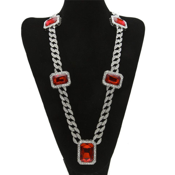 Fashion Thick Chains Gem Necklaces Men Gold Silve 5pcs Square Red Rhinestone Necklaces Miami Cuban Link Necklace Jewelry Lover Gift