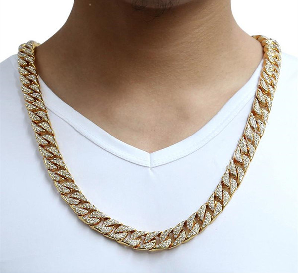 Fashion Design Thick Necklaces Men 14mm Miami Curb Cuban Chain Necklace Luxury Full Rhinestones Diamond Gold Silver Coarse Necklaces