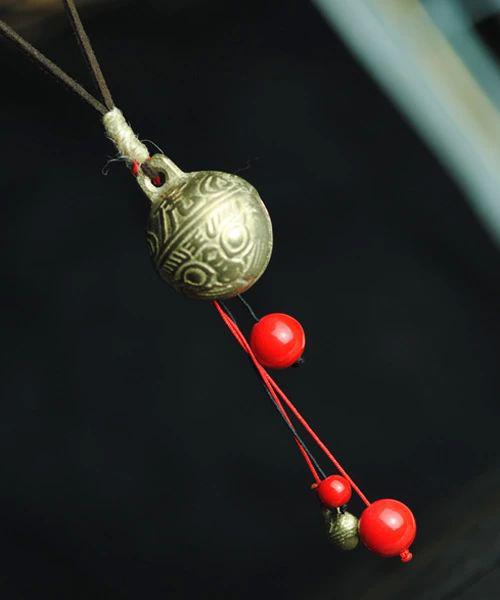 Fashion Christmas gift Vintage Folk style necklace jewelry Copper bell Red Pearl leather rope sweater chain long women necklace FJ0004