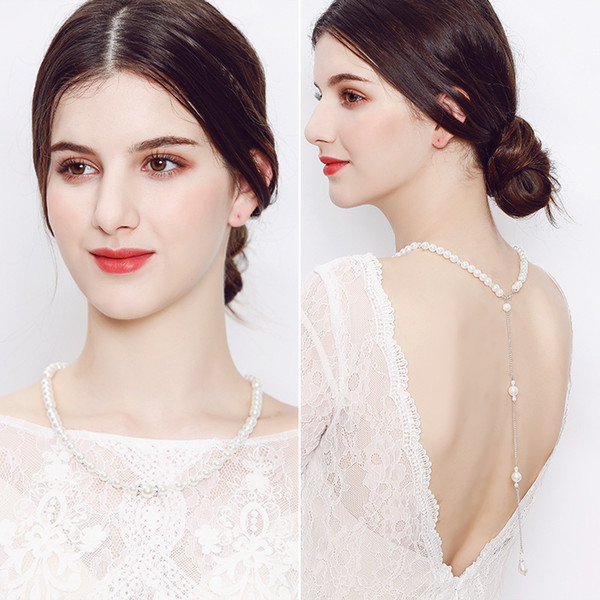 Modest Pearl Back Bridal Necklace Boho Wedding Back Necklace Bridal Jewelry Long Back Necklaces Bridal Backdrop Necklaces Body Chains