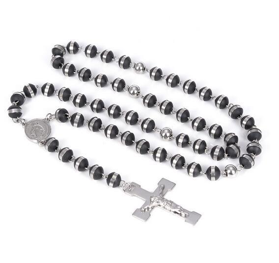 New Arrival Popular Style Black Silicone Rosary Necklace Silver 316L Stainless Steel Religous Beads Chain Crucifix Cross