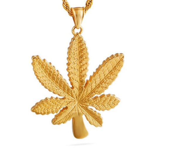 Gold plated 316L stainless steel CASTING maple leaf pendant necklace 3mm 24 inches New Fashion Hip-Hop jewelry bling for women men