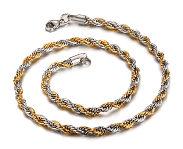 Hotsale Latest Design 21.6'' 6mm wide 316L stainless steel Silver & Gold Twisted Rope Chain Necklace for Men Fashion Jewelry