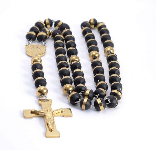 High Quality New Fashion Rosary Chain Necklace 316L Stainless Steel Gold Religous Beads Crucifix Cross Charm Jewelry