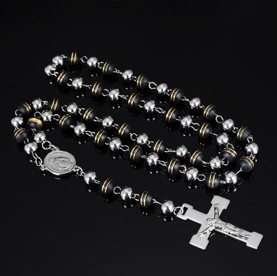 Brand New Fashion Rosary Necklace 316L Stainless Steel silica gel Religous Beads Crucifix Cross Jewelry Silver Black Gold