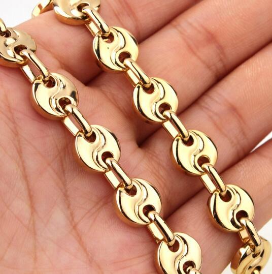 XMAS Holiday Gifts Pure Stainless Steel men's women Necklace Coffee bean design Chain Link High Polished gold tone for jewelry 10mm 22 inch