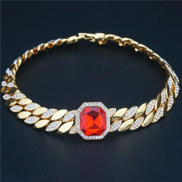 Cuban Chain Miami Necklace Men's Hip-hop Jewelry Women Party Natural Red Gemstone