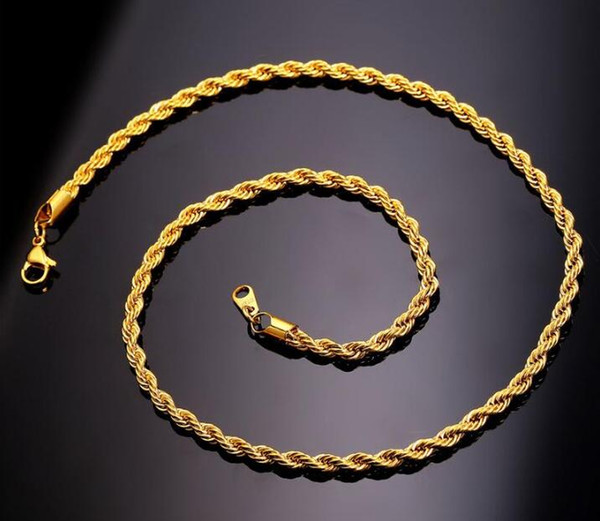 2019 New fashion 18-30 inches 3mm 18K Real Gold Plated Stainless Steel Rope Chain Necklace for Men Gold Chains Fashion Jewelry Gift