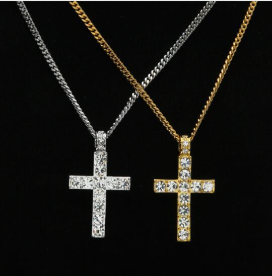 Hip Hop Alloy Gold Color Cross Pendant Necklace Religious Iced Out Rhinestone Crucfix Necklace Jewely For Men Free Cuban Chain