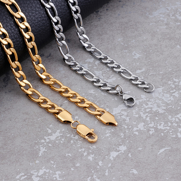 7.5mm Width Large Figaro Chain Necklace Silver Gold Stainless Steel Link Chain Wholesale Necklace New Year Gift