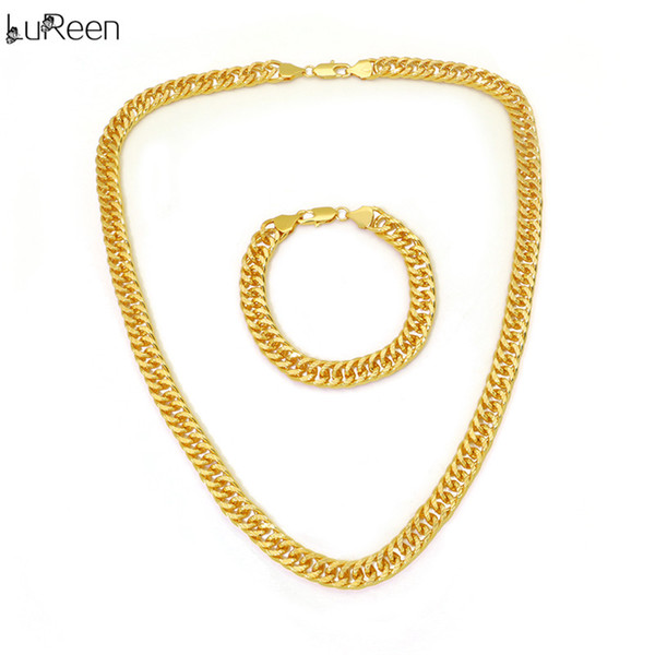 LuReen Gold Miami Cuban Link Chain Necklace Bracelet Set Men Women Hip Hop Long Chain Necklace Bracelet Set Fashion Body Jewelry