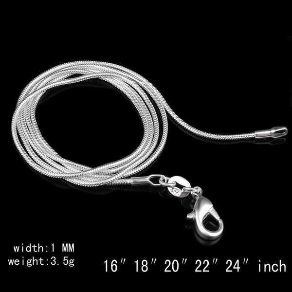 Top Quality 50pcs 925 Sterling Silver Snake Chain Necklace 1mm Snake Chain Necklace 16inch/18inch/20inch/22inch/24inch Mixed Hot Sal