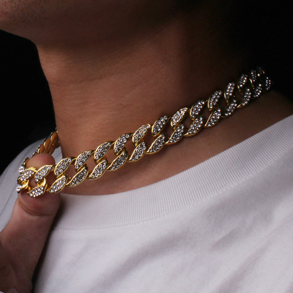 Iced Out Bling Rhinestone Golden Finish Miami Cuban Link Chain Necklace Men's Hip hop Necklace Jewelry