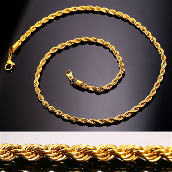 Hip Hop 18K Gold Plated Stainless Steel 3MM Twisted Rope Chain Women's Choker Necklace for Men Hiphop Jewelry Gift in Bulk