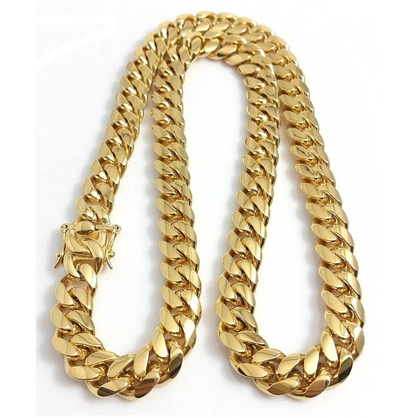 Stainless Steel Jewelry 18K Gold Plated High Polished Miami Cuban Link Necklace Men Punk 14mm Curb Chain Dragon-Beard Clasp 24