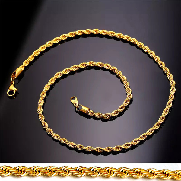 18K Real Gold Plated Stainless Steel Rope Chain Necklace for Men Women Gift Fashion Jewelry Accessories