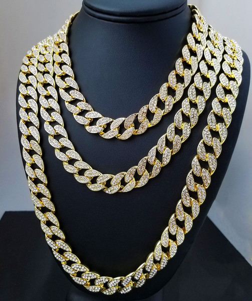 Iced Out Bling Rhinestone Crystal Goldgen Finish Miami Cuban Link Chain Men's Hip hop Necklace Jewelry 20, 24, 30 ,36 Inch