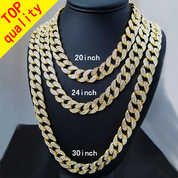 UWIN Iced Out Bling Rhinestone Crystal Goldgen Finish Miami Cuban Link Chain Men's Hip hop Necklace Jewelry 20, 24, 30 ,36 Inch