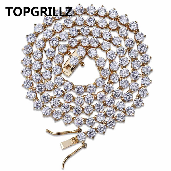 TOPGRILLZ Bling 3 Prong Tennis Chain Necklace 4mm 6mm Men Hip Hop Charm Gold/Silver Color Jewelry Iced Out AAA Cubic Zirconia