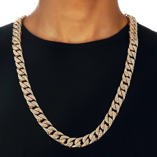 Miami Curb Cuban Chain Necklace For Men Gold Silver Hip Hop Iced Out Paved Rhinestones CZ Rapper Necklace Jewelry