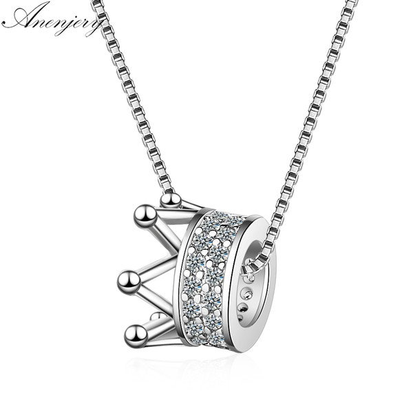 Anenjery 925 Sterling Silver Zircon Crown Necklace Two Colors Queen Wind Cavicle Chain For Women S-N311