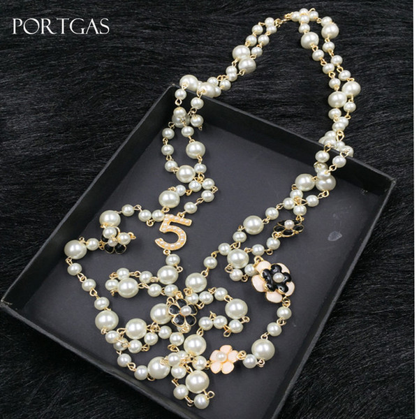 Simulated-pearls Beads Chain Necklace Hollow Camellia flowers Long Necklace Jewelry Gift cc channel layered