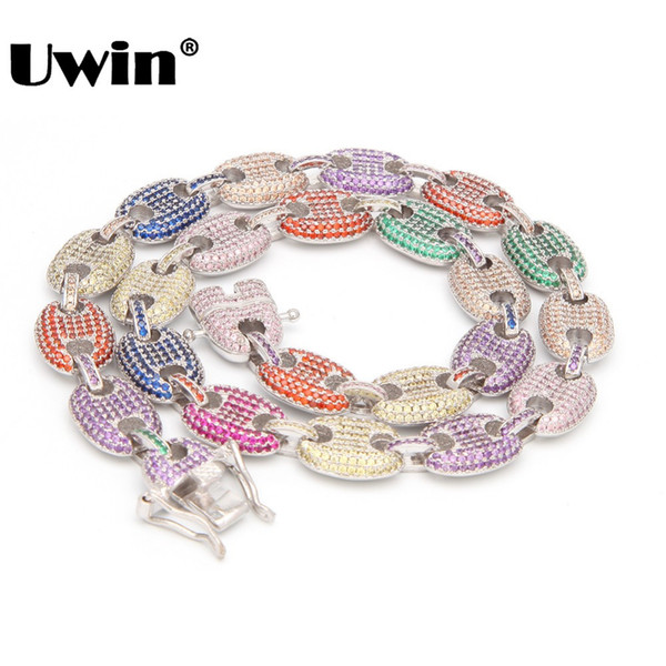 Uwin 13mm Necklaces For Men/Women Puffed Marine Chain Fat Links Choker Hiphop Iced Out Colored Cubic Zircon Fashion Jewelry