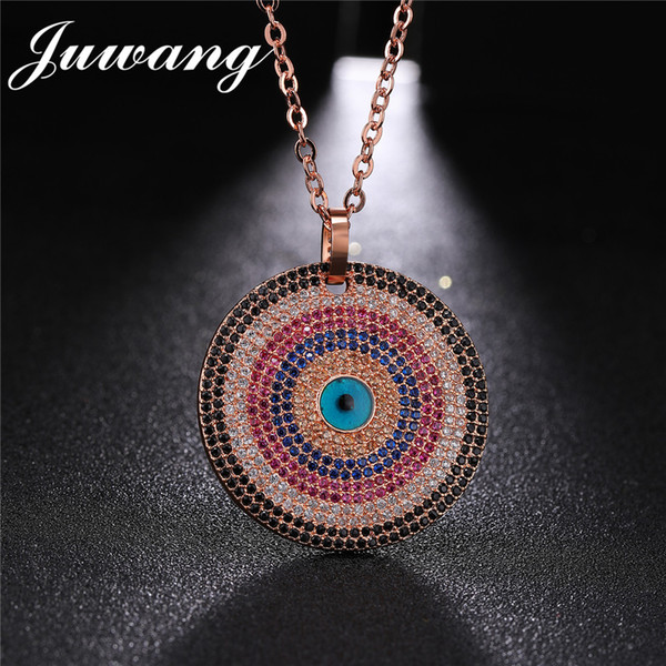 JUWANG Greek Eye Pendant Chocker Necklaces For Women Man Colorful Cubic Zircons 32mm Round Wedding Party Jewelry Gift Wholesale