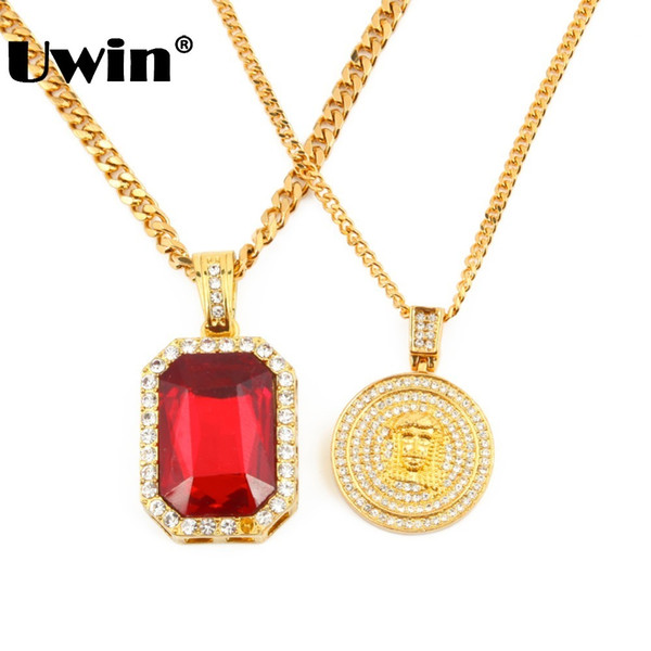 Men's Iced Out Hip Hop Gold Red Rhinestones Square Pendant Cuban Chain Necklace Lab Simulated Mini Jesus Piece Pendant Necklace