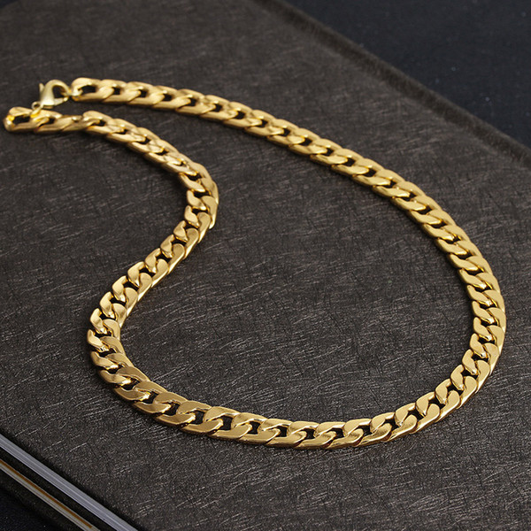 Never fade Luxury Figaro Chain Necklace Men Hip hop Jewelry 18K Real Yellow Gold Plated 9mm Cuba Link Chain Necklaces for Women Mens