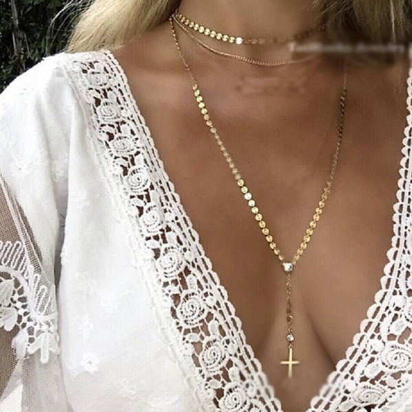 Gold Chain Multi Layer Sequins Choker Necklace Women Crystal Coin Cross Necklaces Pendants Long Chocker Collier Femme collar