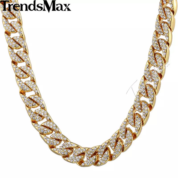 Trendsmax 14mm Bling Hiphop Iced Out Curb Cuban Gold-color Necklace w Paved Clear Rhinestones Mens Womens Chain Jewelry GN432